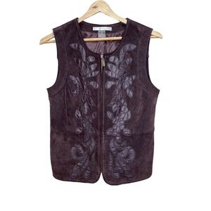 Peter Nygard Brown Suede Leather Floral Vest Size Small Mixed Media